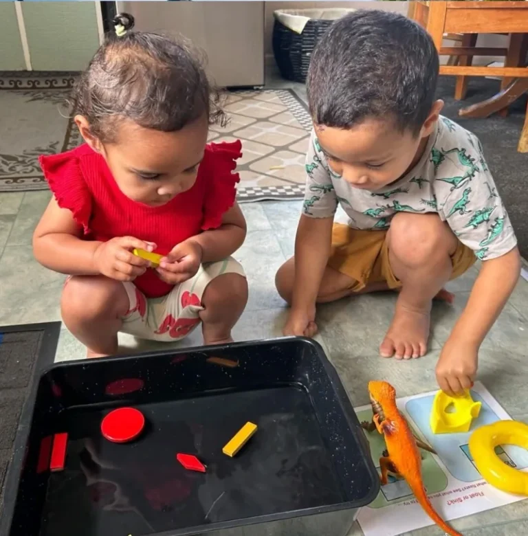 Two toddlers play with toys around a tray of water.