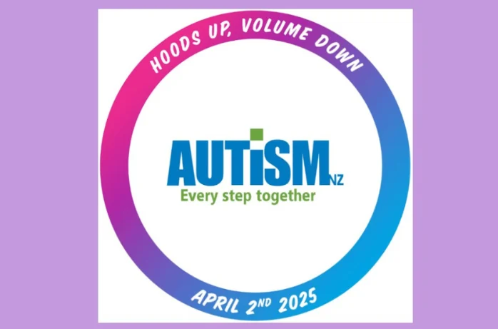 Autism New Zealand 'Every step together' logo inside a ring reading 'Hoods up, volume down, April 2nd 2025'.