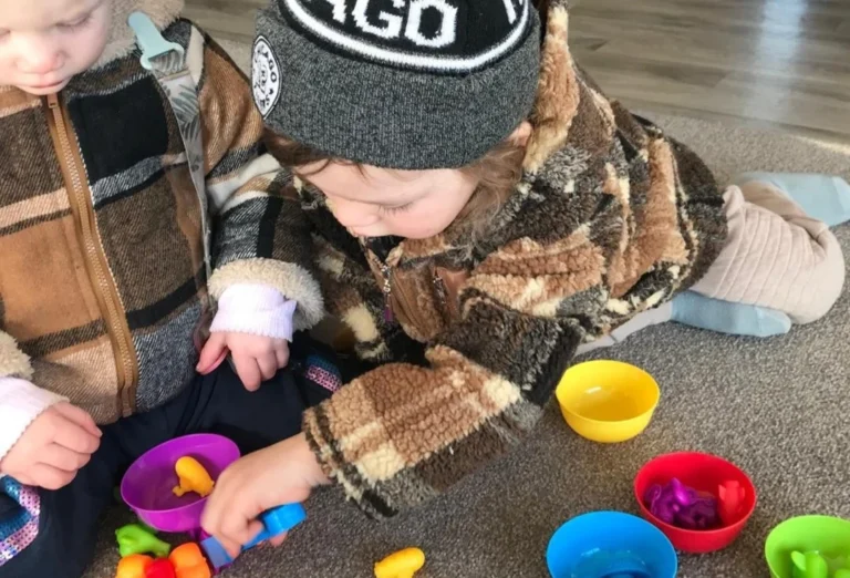 Two toddlers sort colourful toys into matching coloured bowls on the floor.