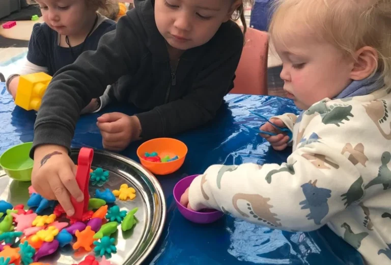 Young children use tweezers to sort colourful counters into bowls.