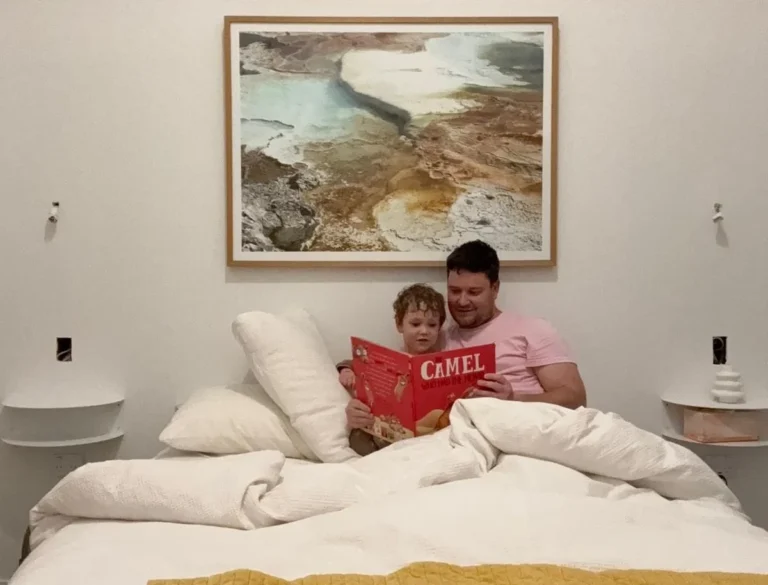 A father and young child read a picture book together in bed.