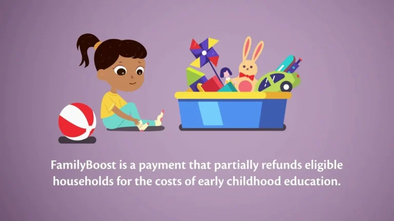 Illustration of a child playing beside a box of toys, with the text: FamilyBoost is a payment that partially refunds eligible households for the costs of early childhood education.