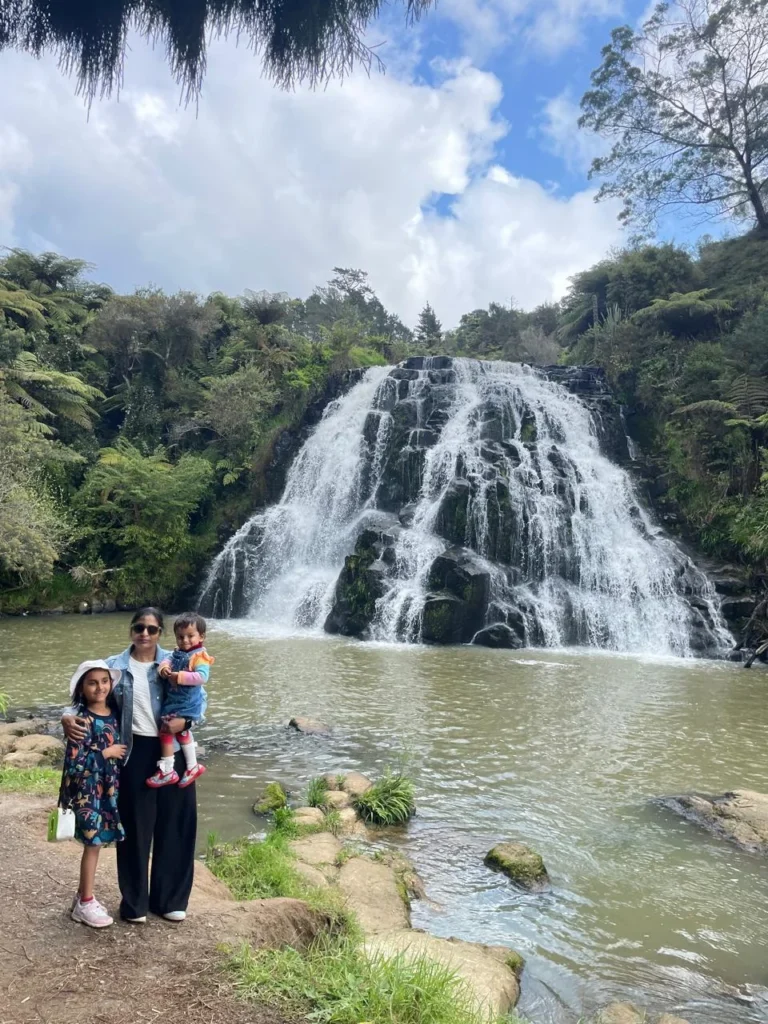 Nisha, home-based educator in Tokoroa, at a waterfall